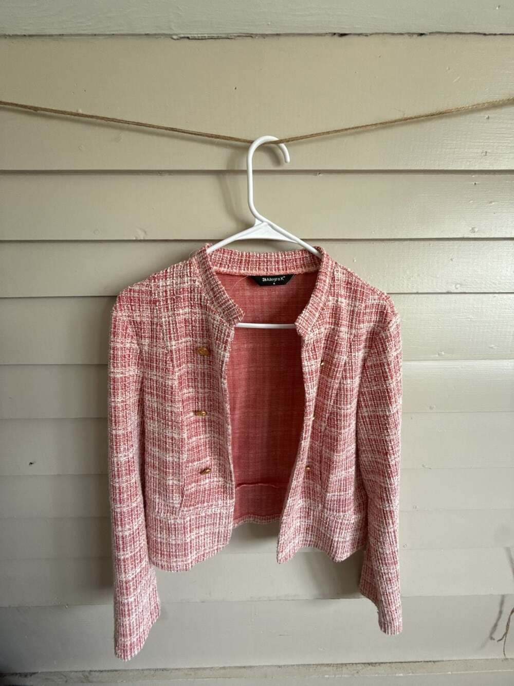 Allegra K Women's Red Stand Collar Textured Tweed Cropped Jacket Size M